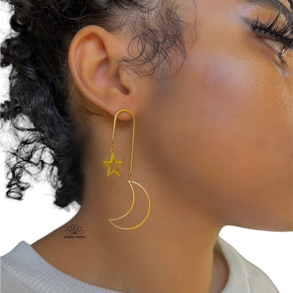 Moon Star Dangle Earrings 🌙⭐️ Gold Plated Stainless Steel | Handmade - Picture 2 of 5